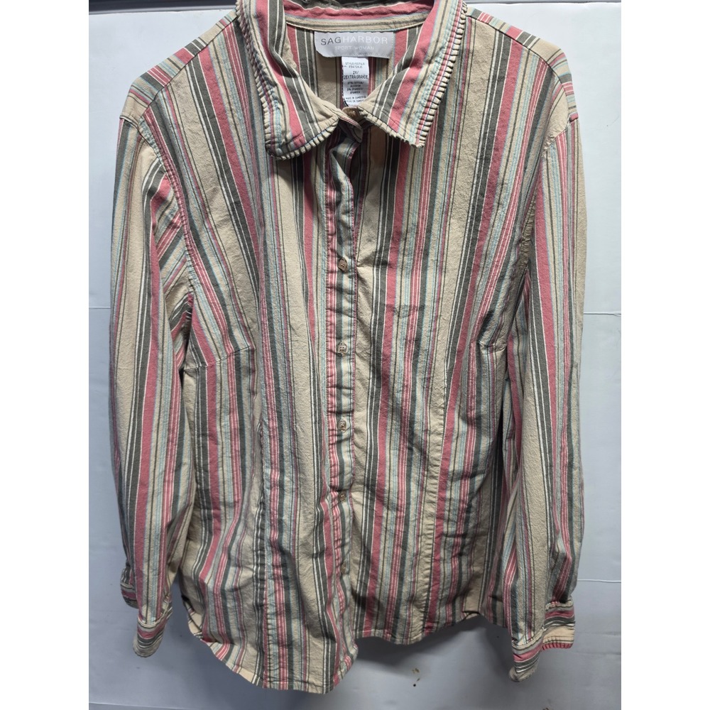 Sag Harbor Sport Woman 2X Button Down Shirt Striped Pink Tan Olive Long Sleeve